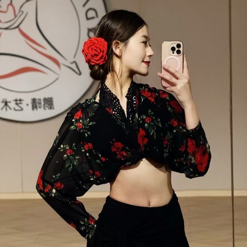 Min舞服Loyal玫瑰网纱上衣罩衫练功服女士拉丁成人教课小外套