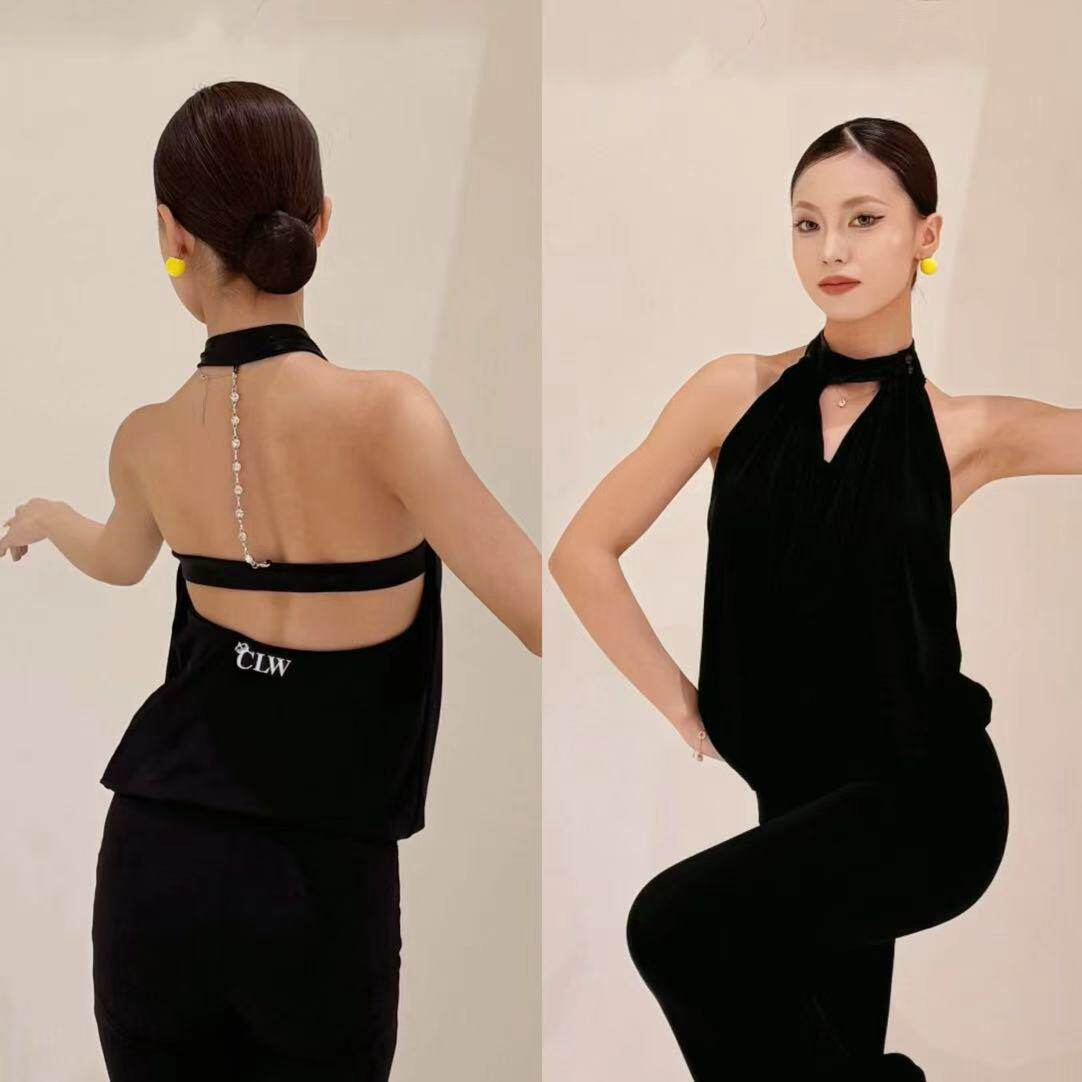 Min舞服CLW钻条上衣挂脖荡领练功服拉丁舞服女士成人