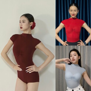 上衣短袖 练功服拉丁摩登舞服 连体衣含胸垫小飞袖 Min舞服Loyal坎袖
