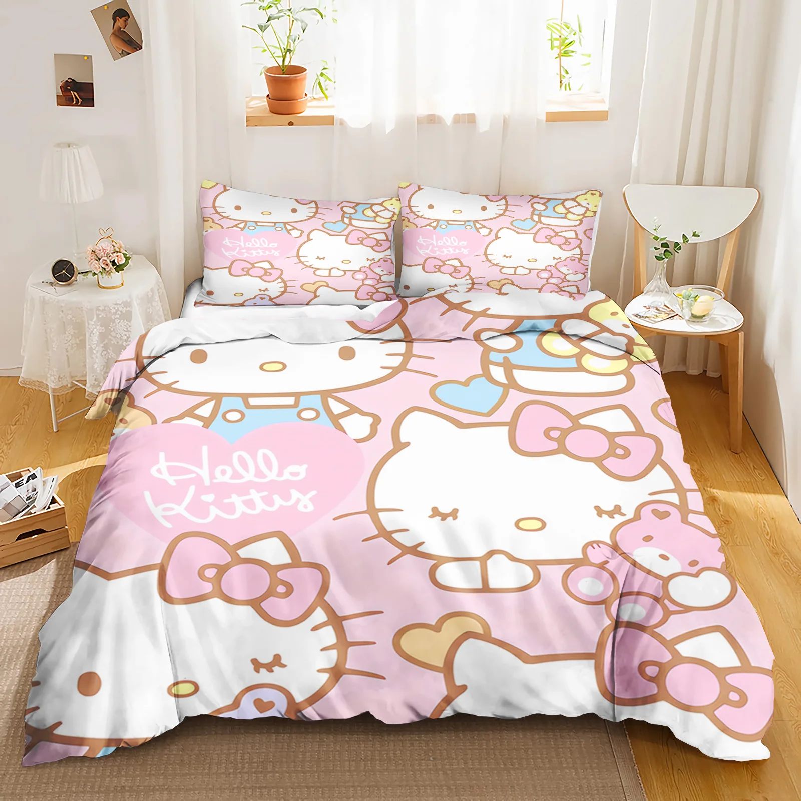 3PCS MINISO Hello Kitty Bedding Set Cute Printed Cartoon Qui