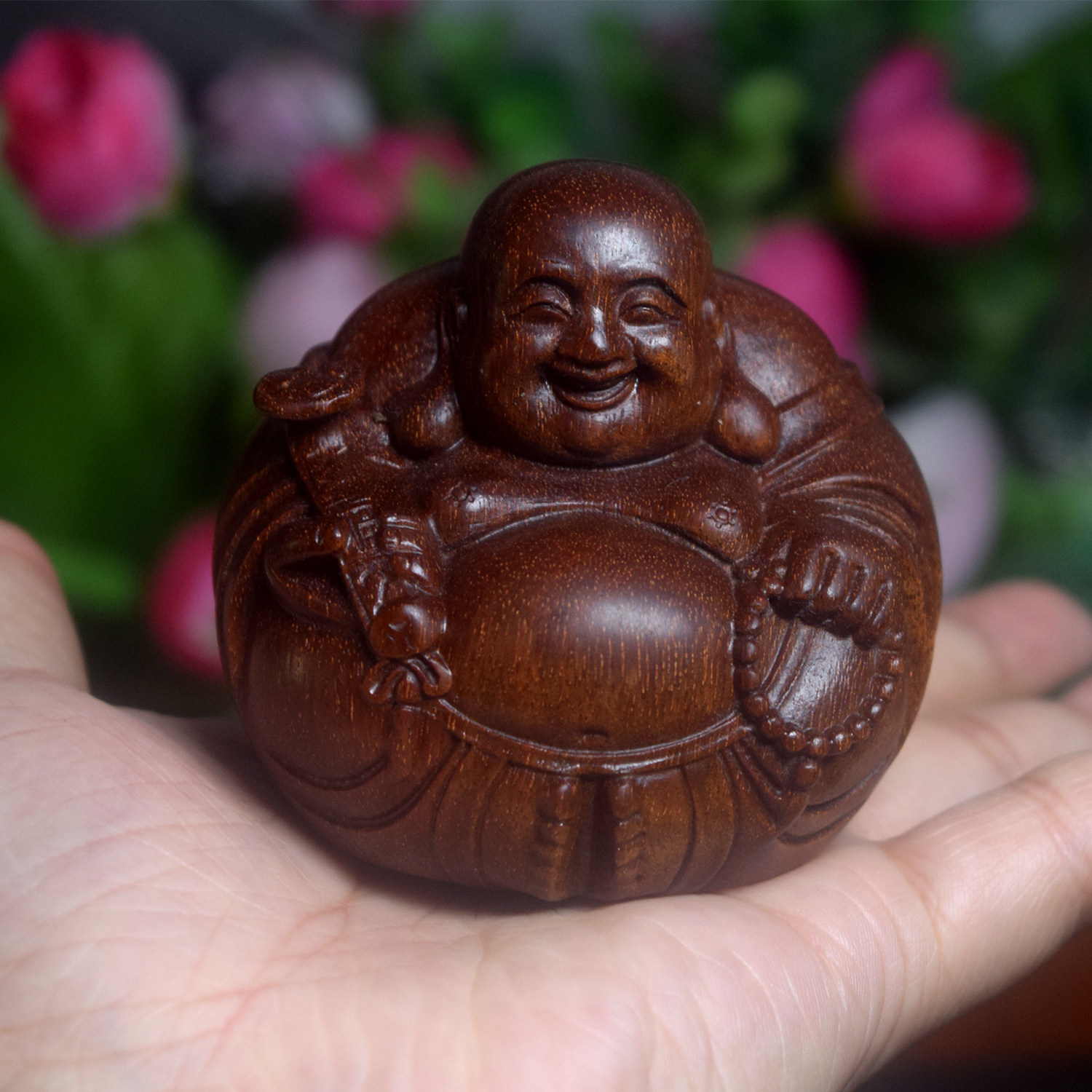 手持如意弥勒紫檀雕刻佛摆檀满星