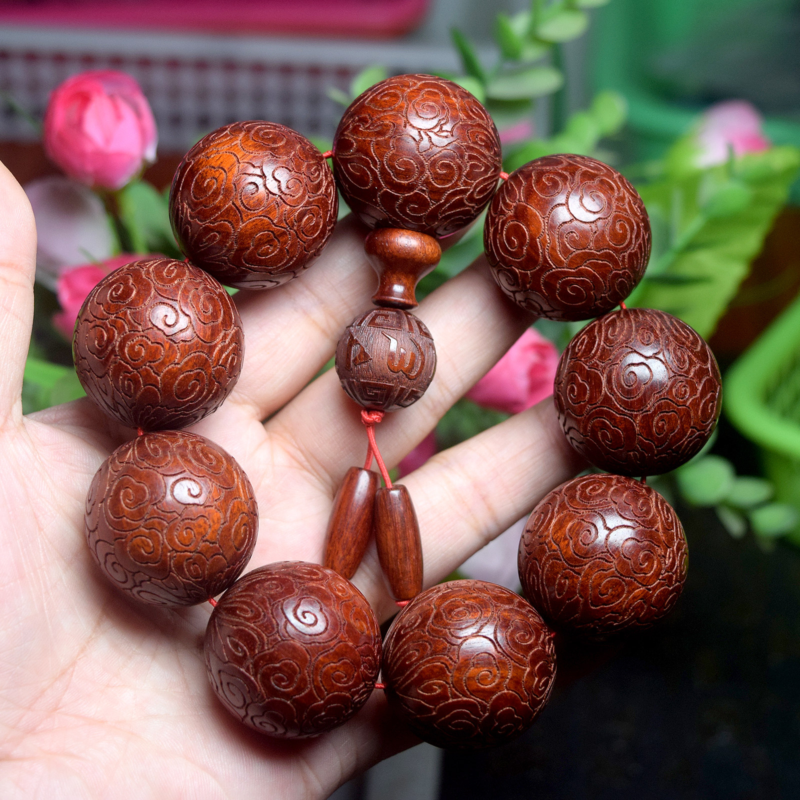 祥云紫檀30mm血檀 大珠子雕刻小叶盘玩佛珠手串3.0*9收藏檀木文玩