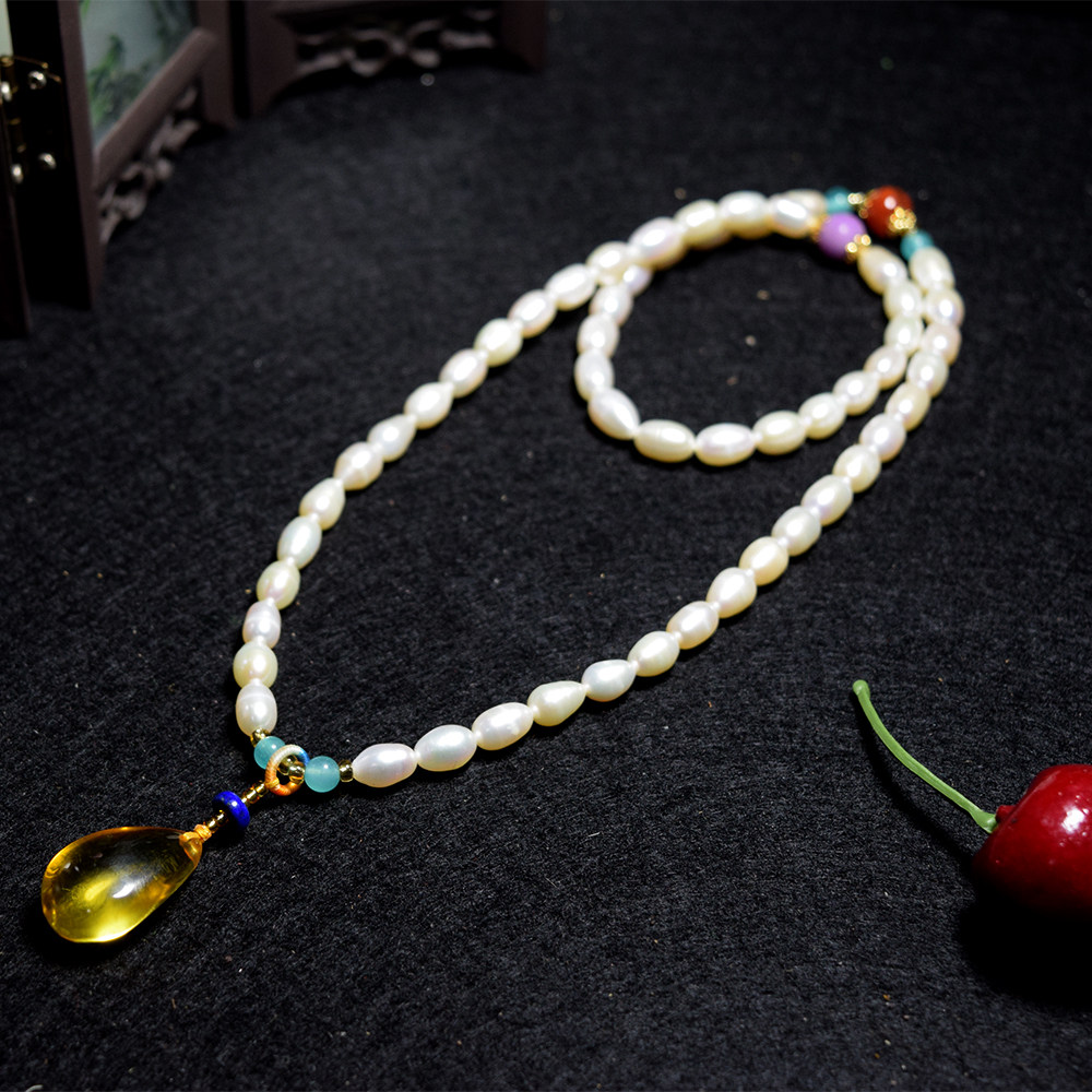 琥珀项链蜜蜡米珠水滴吊坠 珍珠母贝 项坠DIY宝珠女士尊贵复古宫