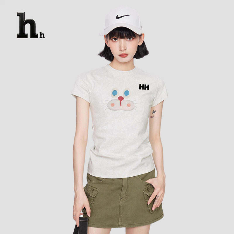 正品HH圆领正肩女生短袖t恤夏季设计感小众修身显瘦短款上衣