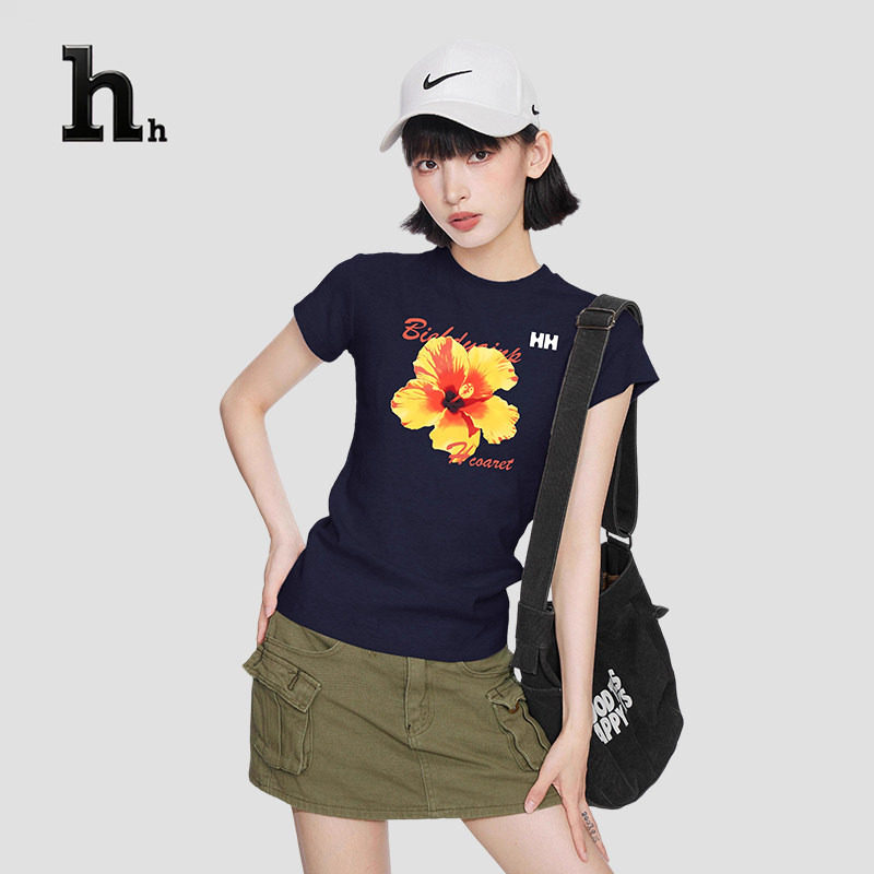 正品HH复古辣妹风黑色花朵T恤女夏收腰性感修身显瘦短款上衣