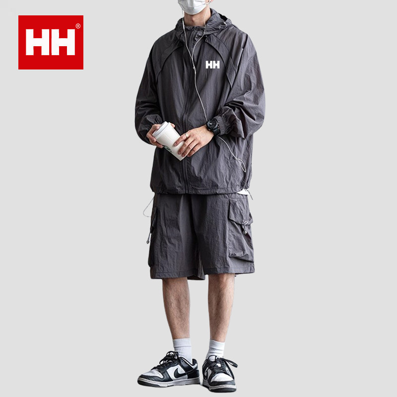 正品HH夏季防晒衣套装男士套头连帽夹克防紫外线薄款五分短裤