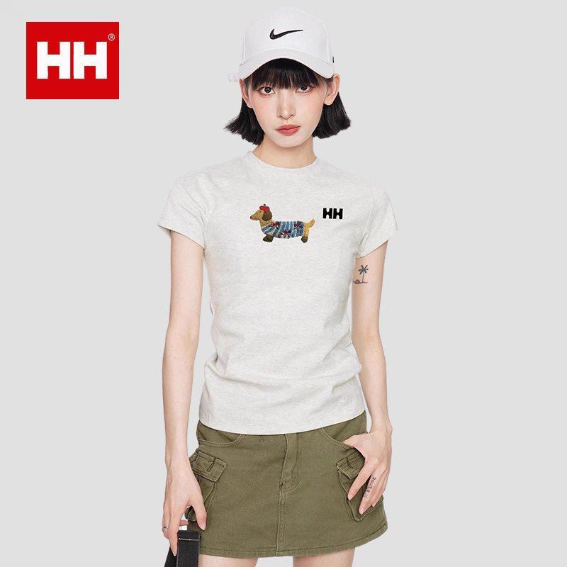 正品HH小狗正肩短袖t恤衫女2025新款夏季小个子修身短款上衣