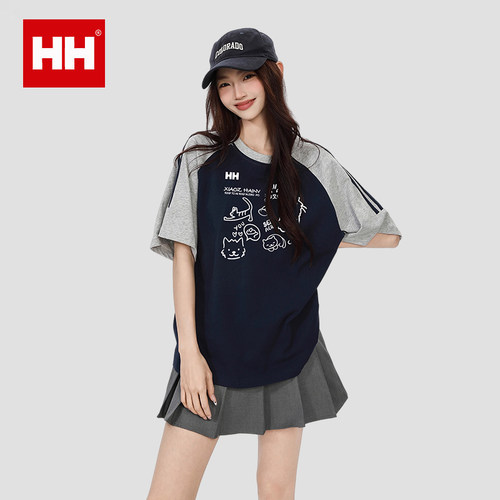 正品HH藏蓝色短袖t恤女夏韩系慵懒风三条杠穿搭圆领半袖上衣