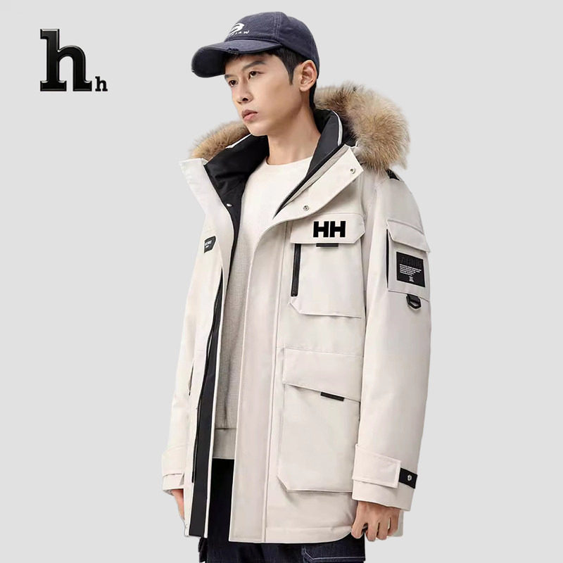 正品HH冬季羽绒服男可拆卸毛领户外派克风中长款加厚保暖外套