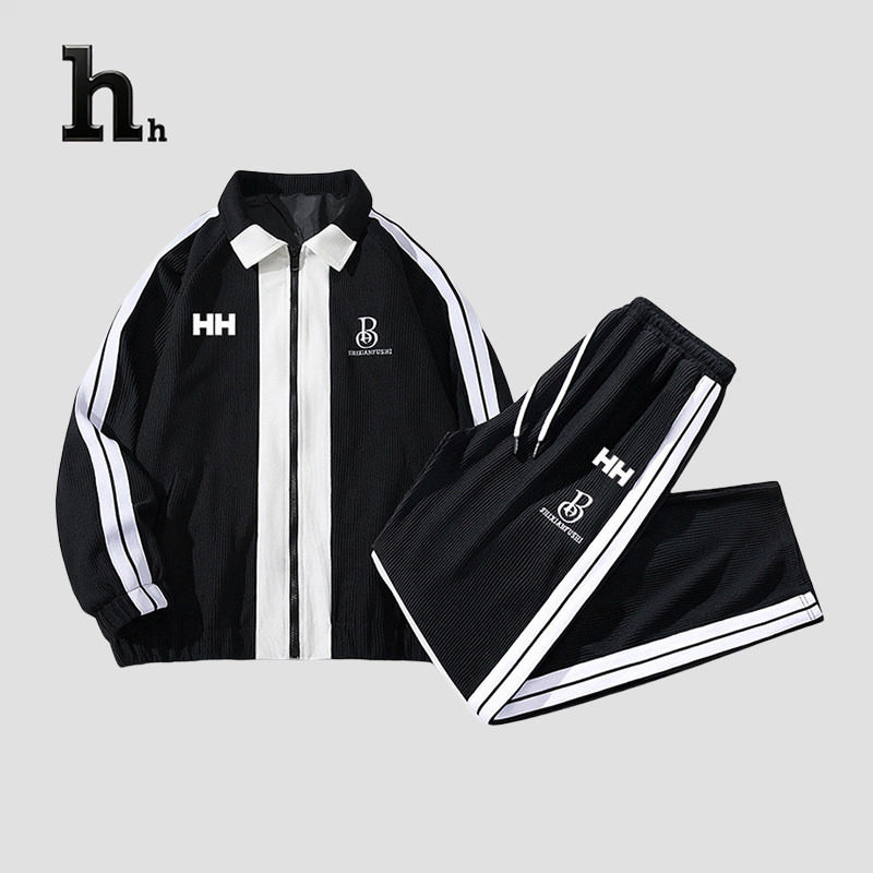 官方正品HH套装男百搭时尚字母刺绣情侣拼接织带撞色运动两件套潮