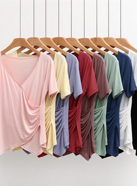 白色t恤女短袖大码新款春装女装v领打底衫不规则收腰小众别致上衣