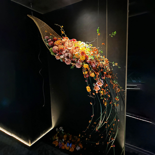 室内艺术美陈装置仿真花艺造景倒挂竹编吊顶悬浮茶室空间装饰会所