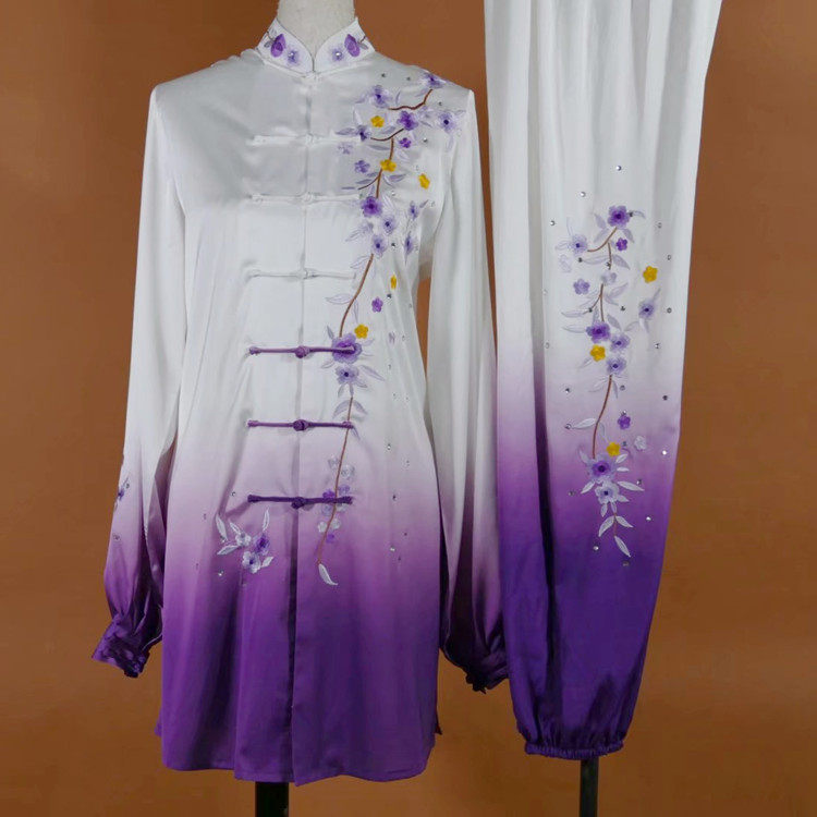 迎春刺绣花太极拳表演服女渐变色团体演出比赛服收腰加长款订制