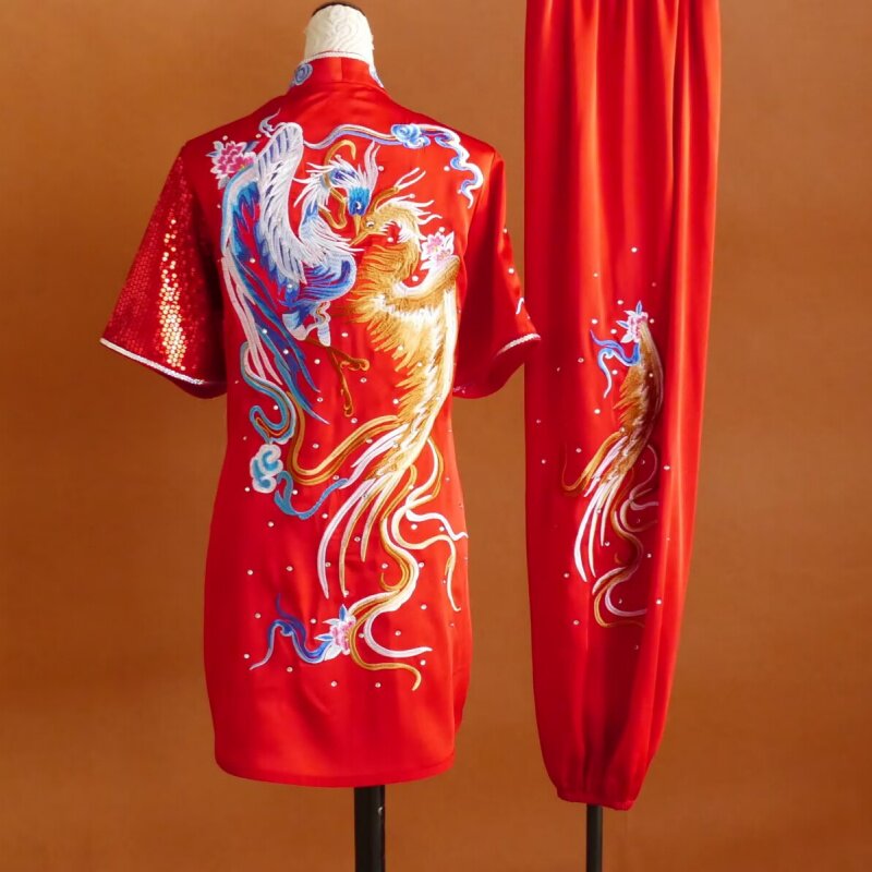 颐和迎春新款凤凰刺绣长拳武术服青少年考试服红色竞赛服表演服