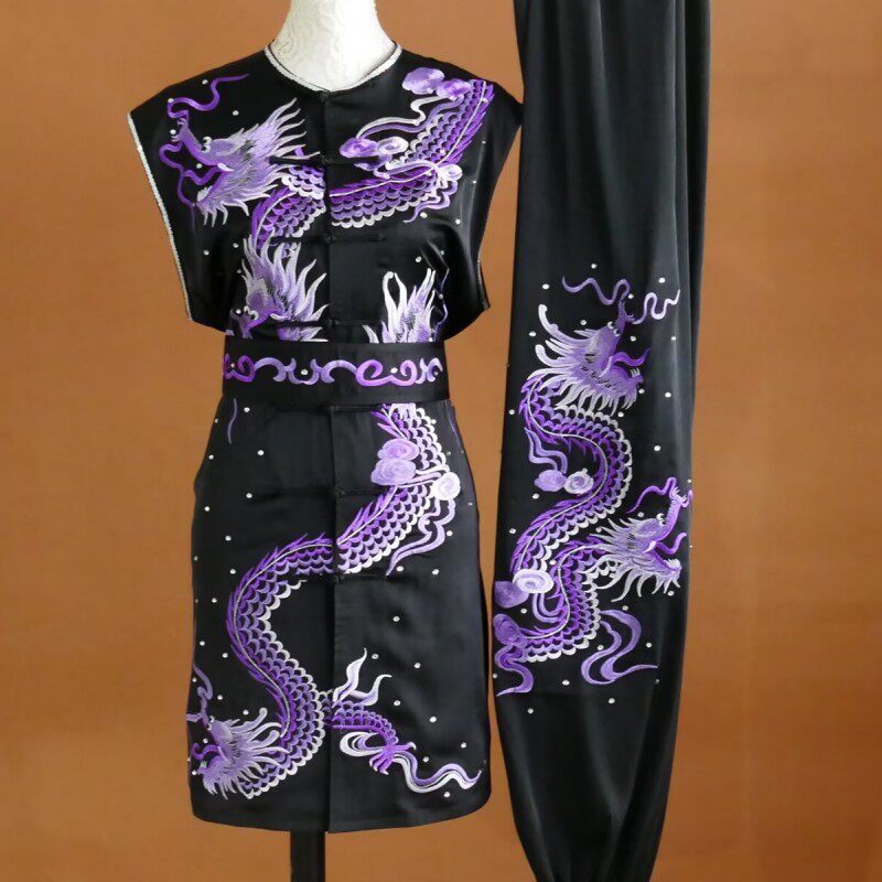 迎春新款刺绣九龙武术服青少年儿童无领无袖南拳练功服表演比赛服