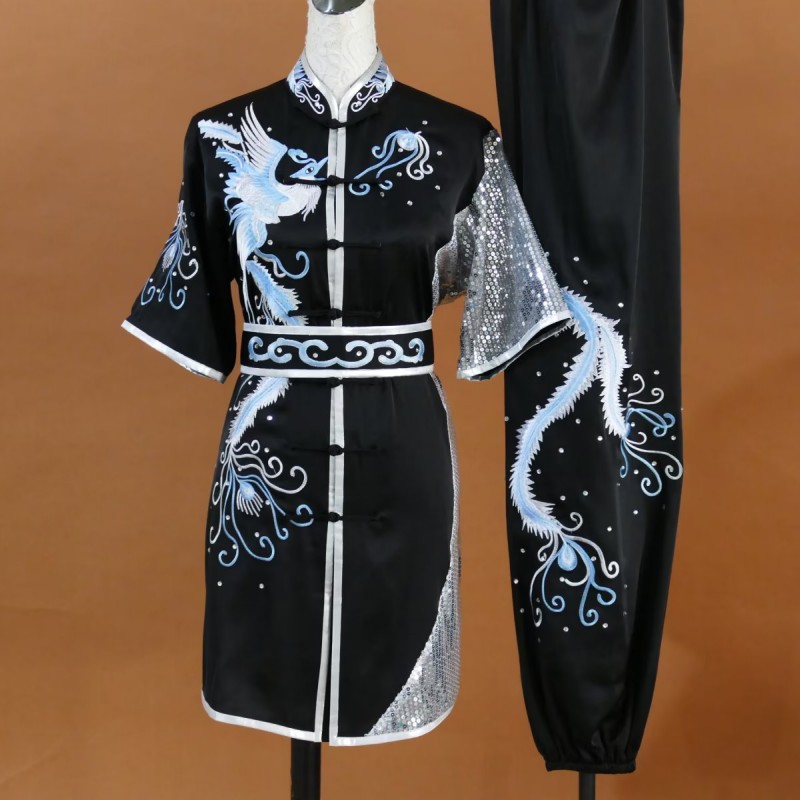新款渐变色真丝绸武术服女刺绣凤凰练功长拳南拳服团体演出比赛服