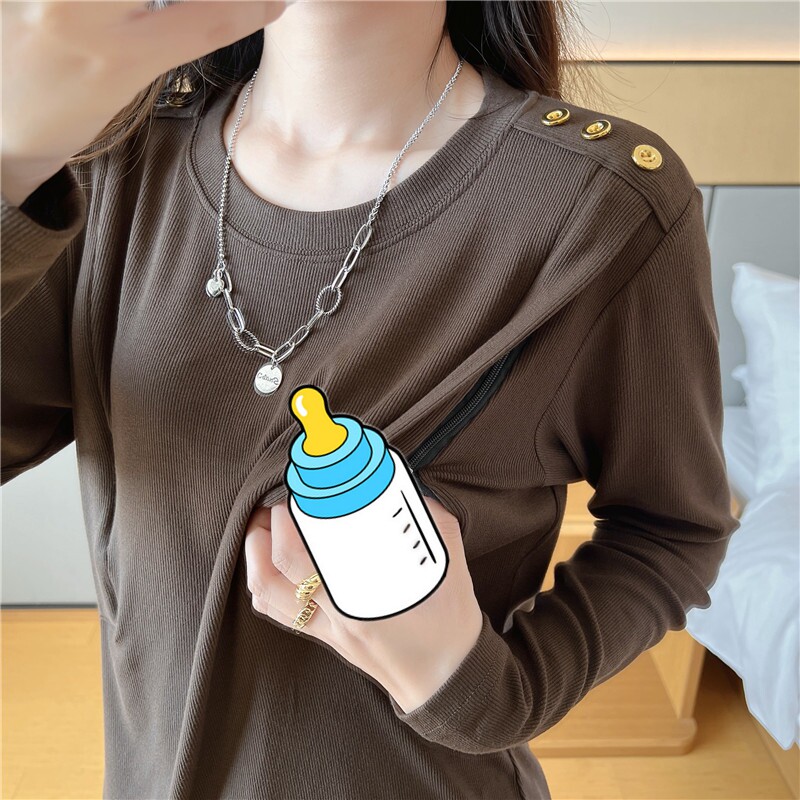 秋季哺乳衣打底衫喂奶衣外出产后母乳期潮妈外穿长袖T恤上衣显瘦