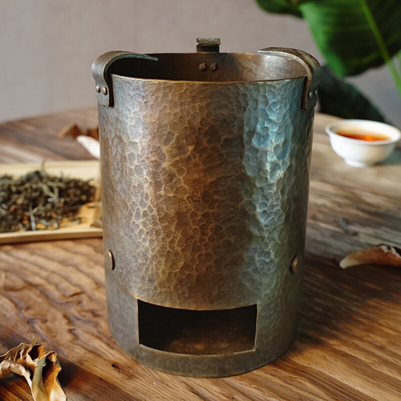 复古手工紫铜炭炉锤纹煮茶炉大号圆柱酒精炉烧水炉老式木炭煮茶器