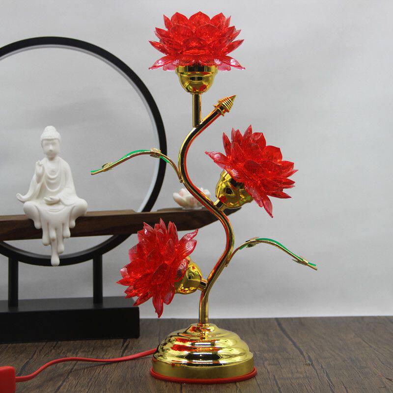 水晶莲花灯佛供灯一对 led佛前灯具红光莲花灯 佛堂用品荷花灯
