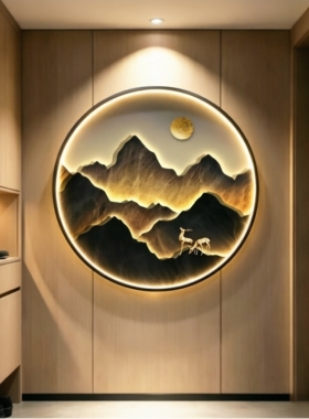 新中式玄关装饰画背有靠山高级感加厚铝合金框LED氛围灯走廊挂画