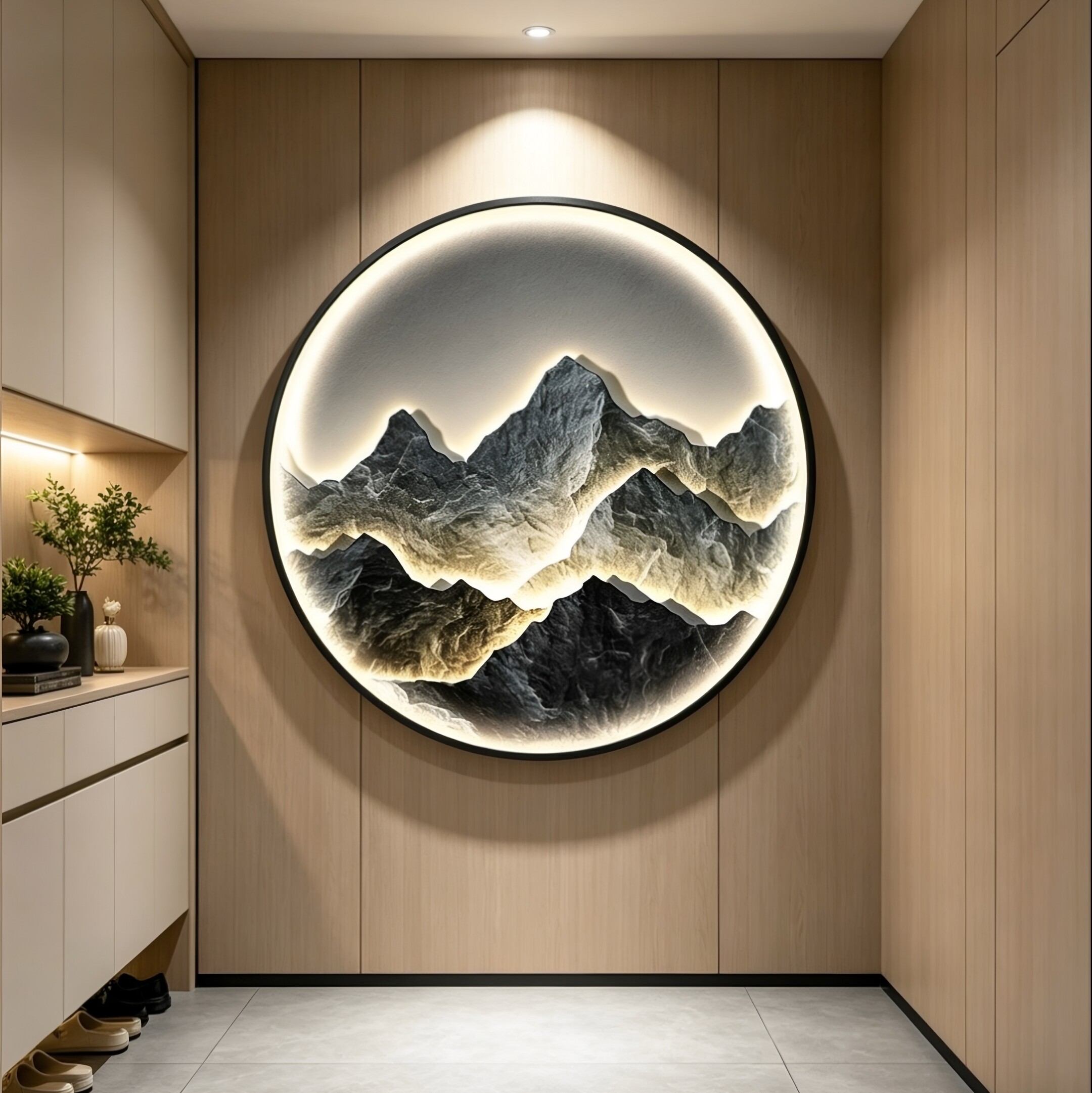 新中式玄关装饰画背有靠山高级感加厚铝合金框LED氛围灯走廊挂画
