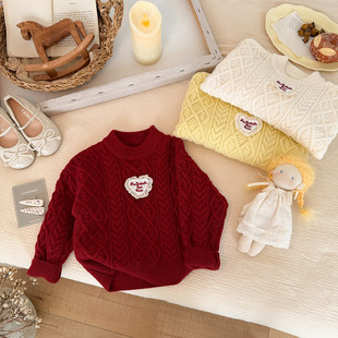 女童刺绣针织衫麻花儿童毛衣打底衫冬新年女宝内搭保暖毛线衣红色