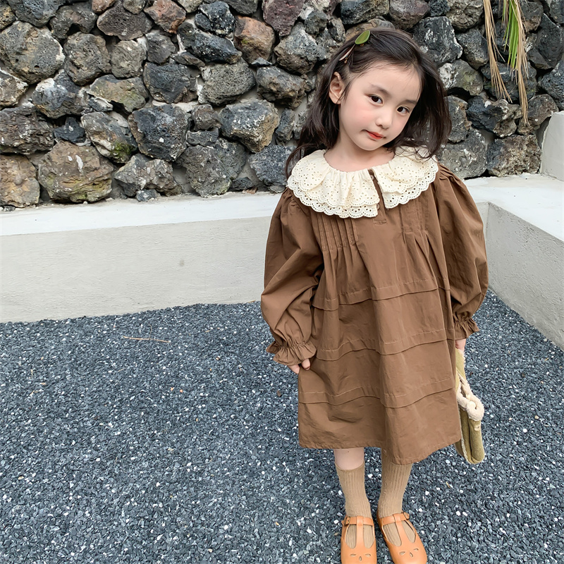 儿童蕾丝翻领连衣裙2023新款女宝长袖公主裙褶皱女童韩版娃娃裙子