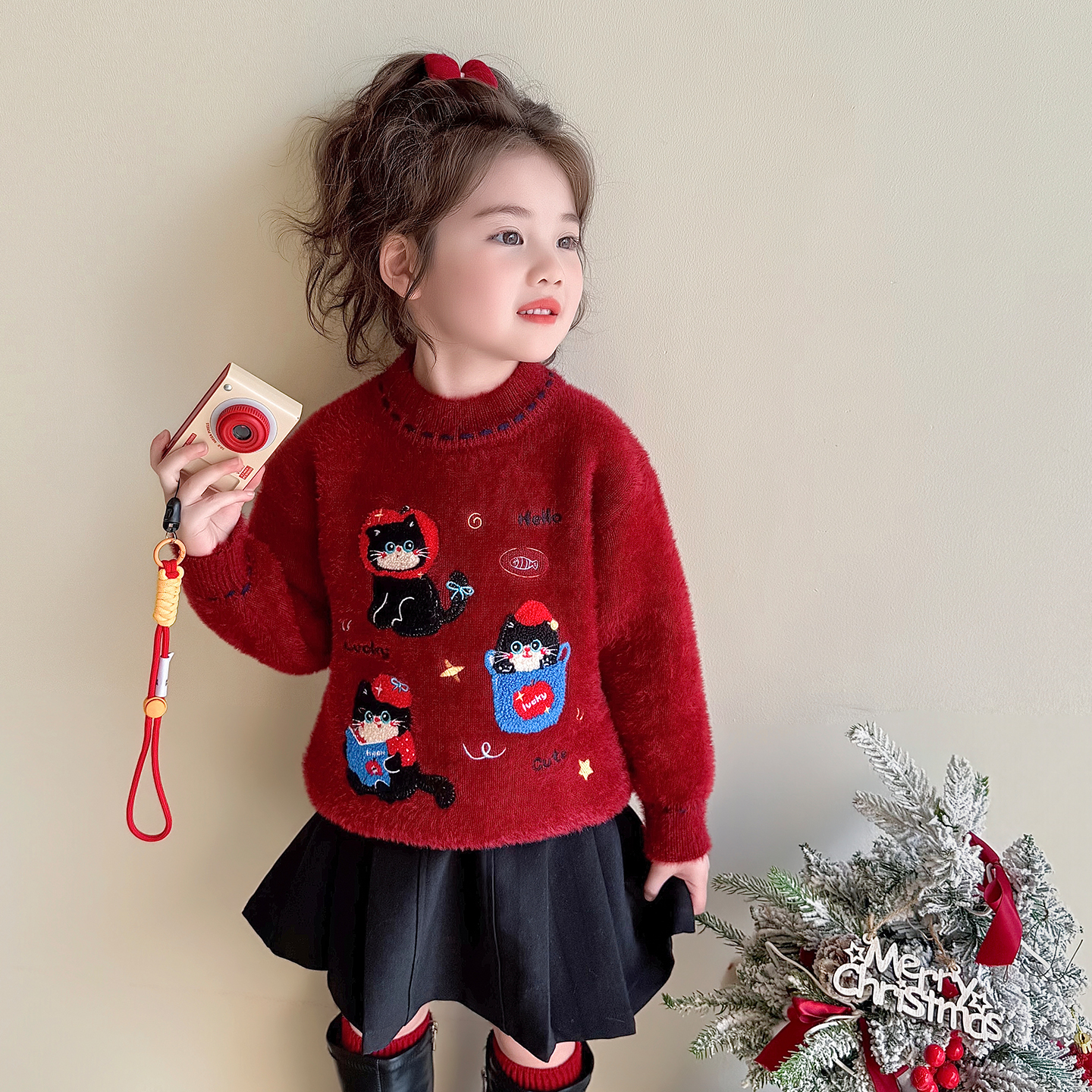 洋气一体绒红色保暖打底衫毛衣冬