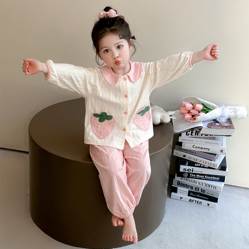 女童春秋纯棉家居服套装小女孩分体睡衣小童洋气春装麻花甜美公主