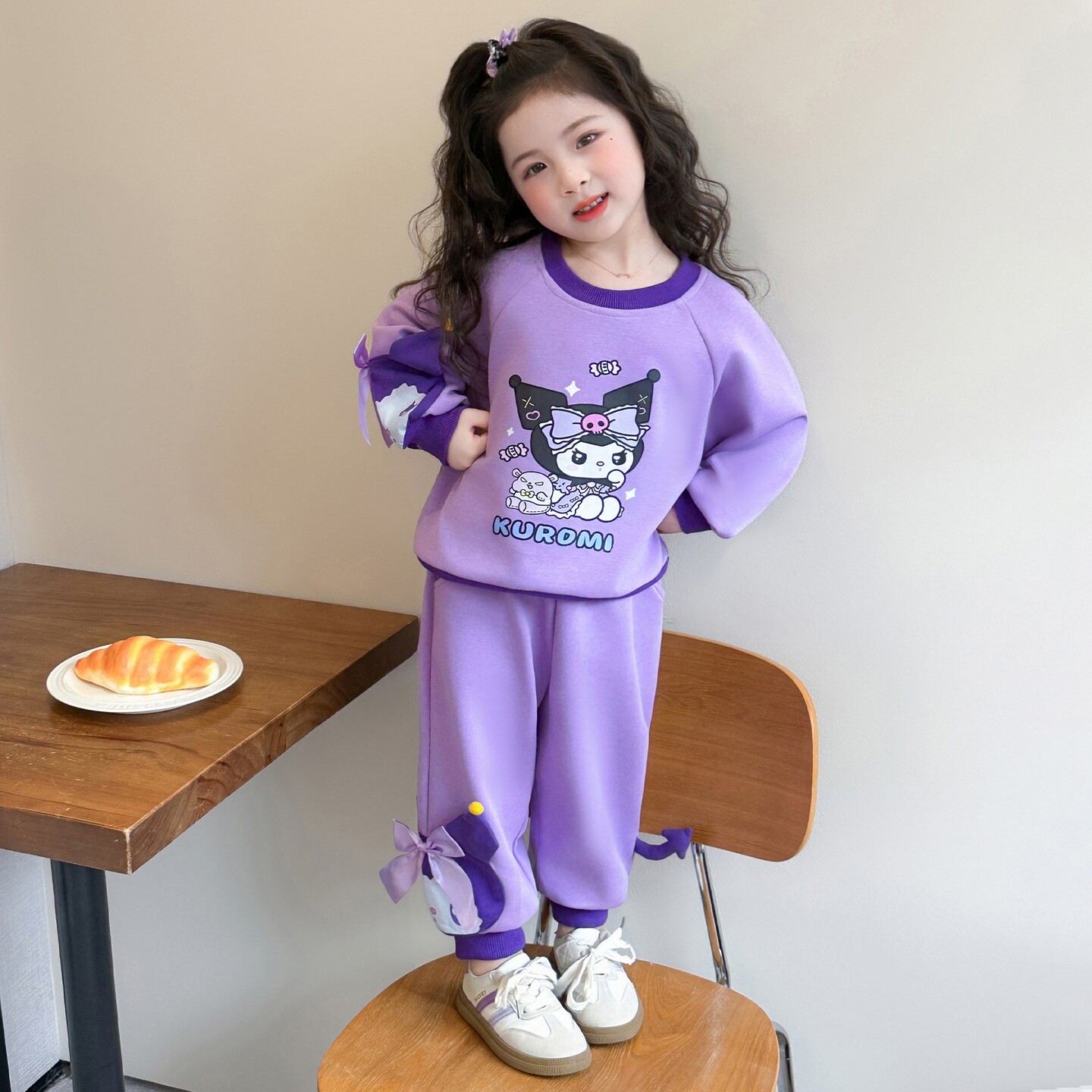 女童春装套装卫衣宝宝运动装洋气小童洋气小女孩紫色蝴蝶结甜美秋