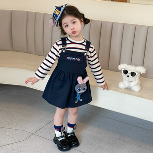 裙子女宝宝两件套洋气秋装 女童背带裙2025新款 小女孩卡通条纹套装