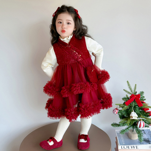 女童红色新年连衣裙小童新中式 冬 背心裙加绒宝宝拜年服公主裙套装