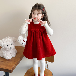 儿童两件套裙子新年女童红色背心裙加绒套装 女宝公主连衣裙拜年服