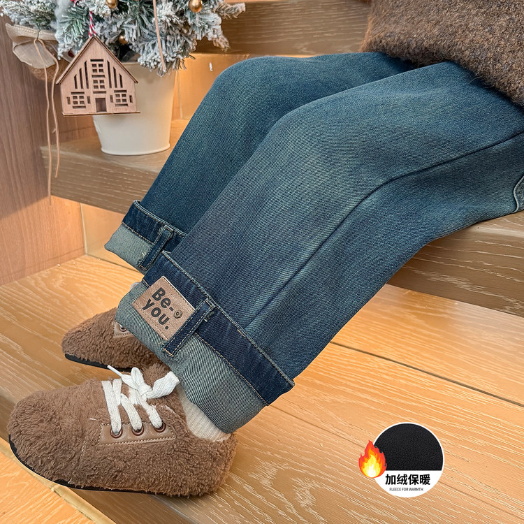 卷边加绒牛仔裤阔腿裤女童时髦