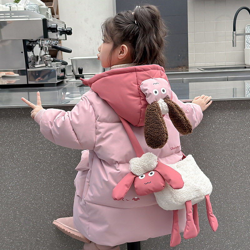 送包包~女童棉服冬装中长洋气女宝宝棉袄儿童加厚羽绒棉棉衣红色