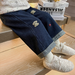 女宝宝裤 冬装 子百搭加厚 加绒2025年小女孩毛巾绣直筒裤 女童牛仔裤
