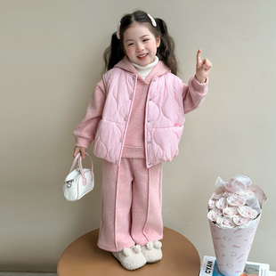 女童洋气卫衣加厚冬装 小女孩棉服马甲三件套宝宝套装 加绒休闲韩版