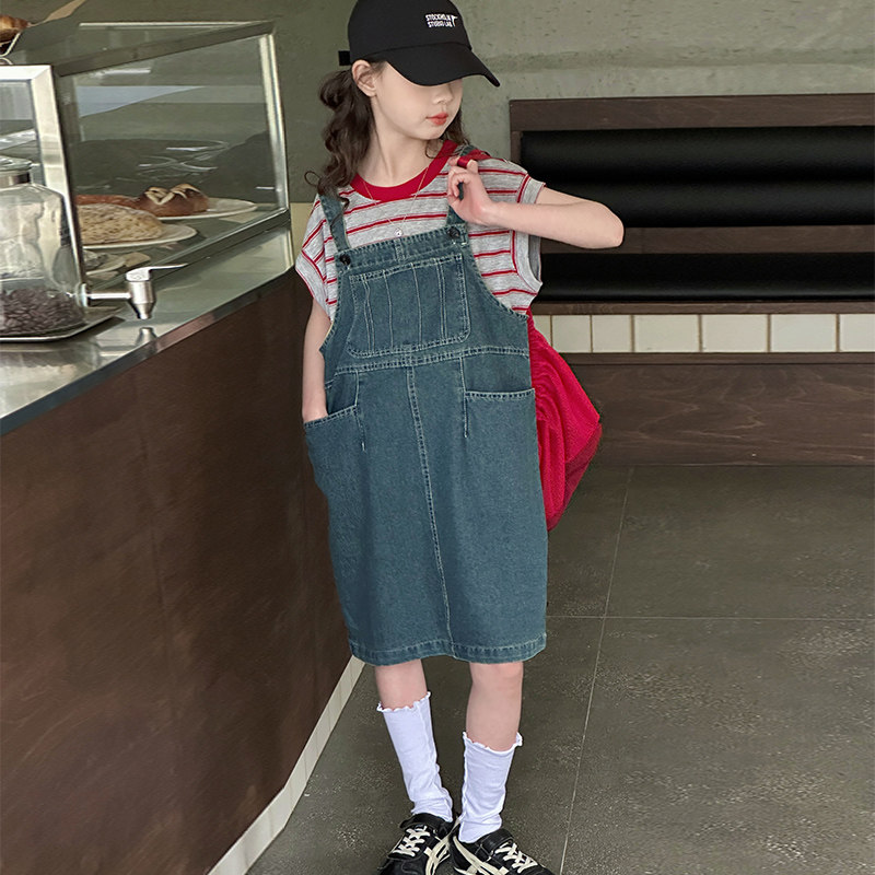女童韩版休闲夏季套装裙洋气大童T恤条纹牛仔裙小女孩夏装连衣裙