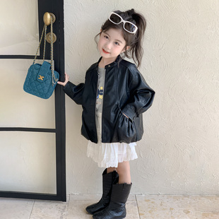 女童PU皮衣外套小女孩外套拉链衫 女宝宝初冬衣服上衣简约 休闲秋装
