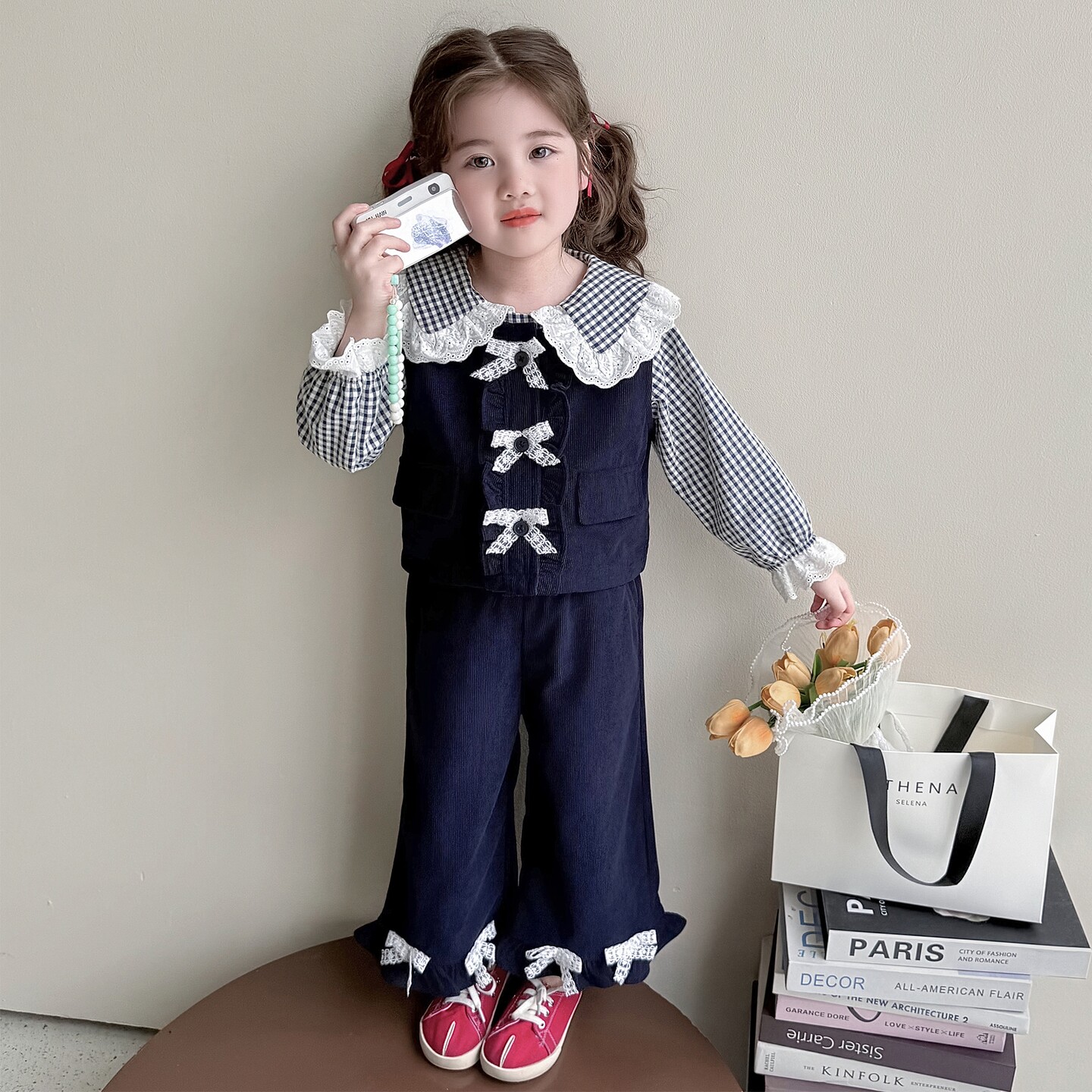 女童春秋三件套春装2026新款儿童衬衫马甲宝宝喇叭裤套装时髦洋气