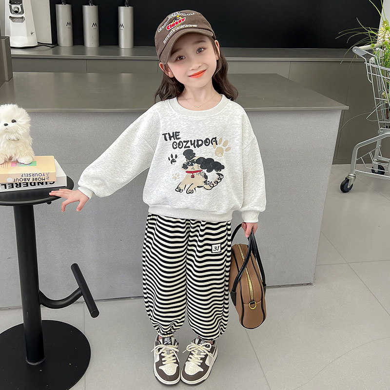 儿童卡通条纹套装运动新款秋装女小童卫衣两件套女童休闲韩版童装