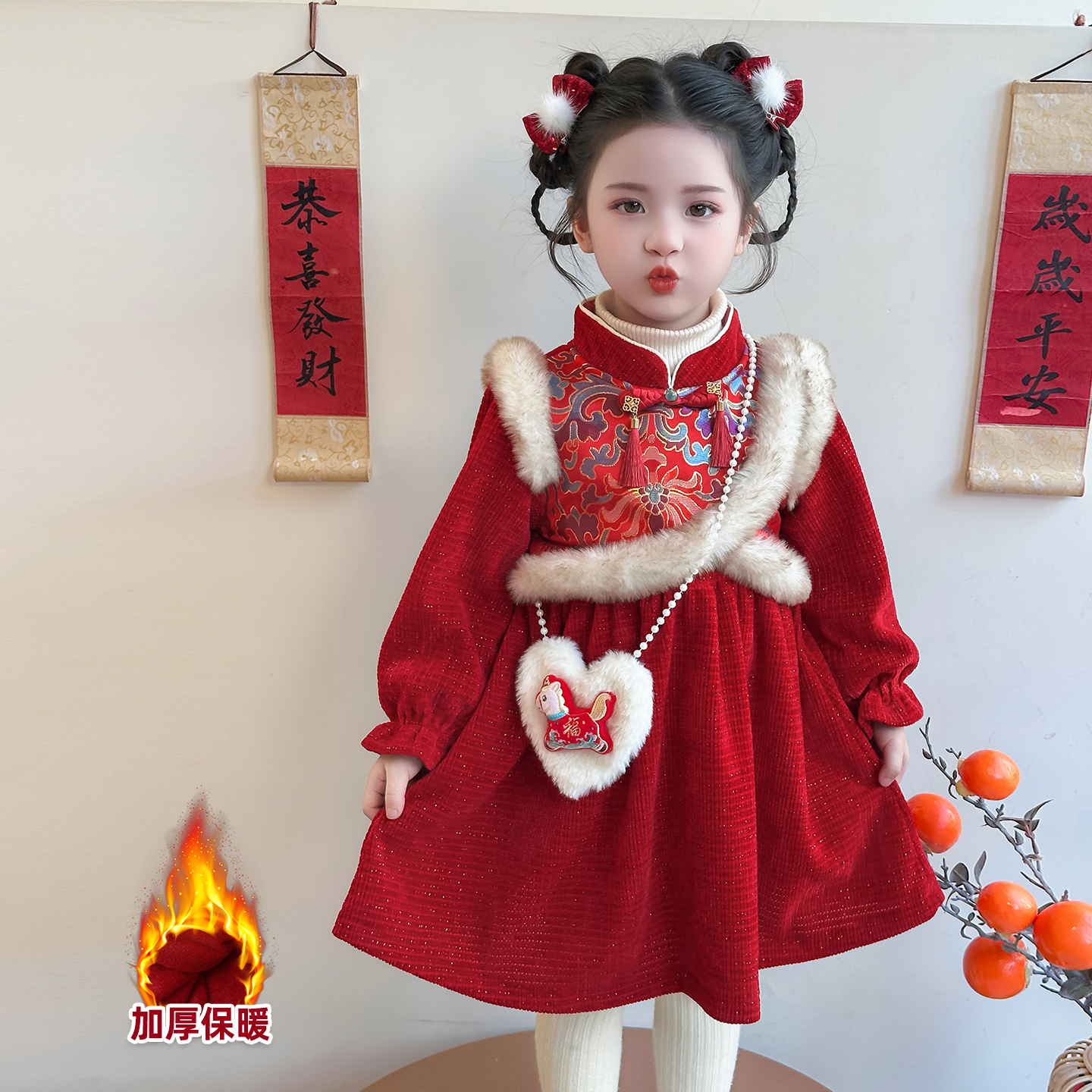 女宝宝新中式加绒年服连衣裙冬