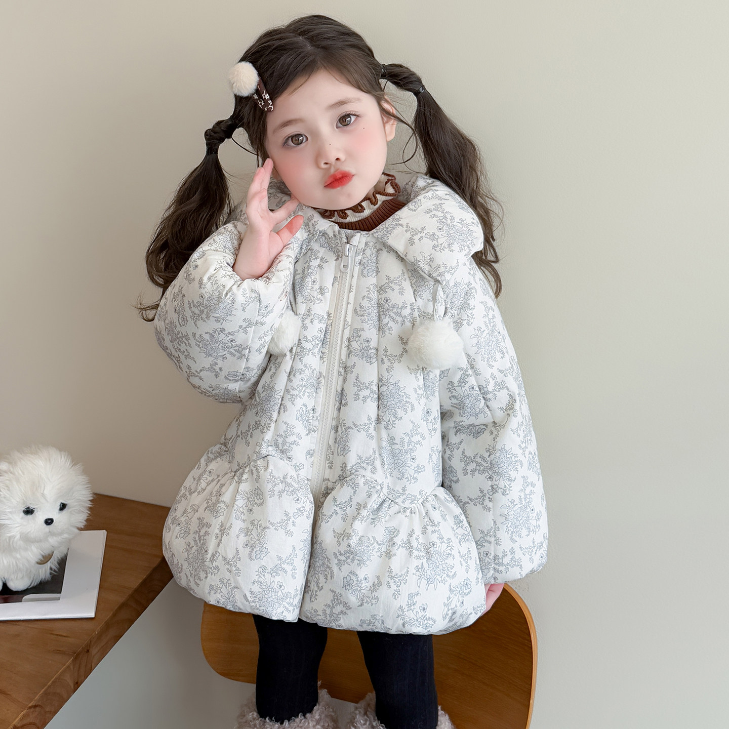 女宝宝中长款韩版碎花棉服小女孩羽绒棉棉衣好看女童外套冬装加厚
