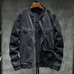 春夏立领牛仔外套男韩版修身拉链上衣黑机车休闲工装夹克衫棒球服