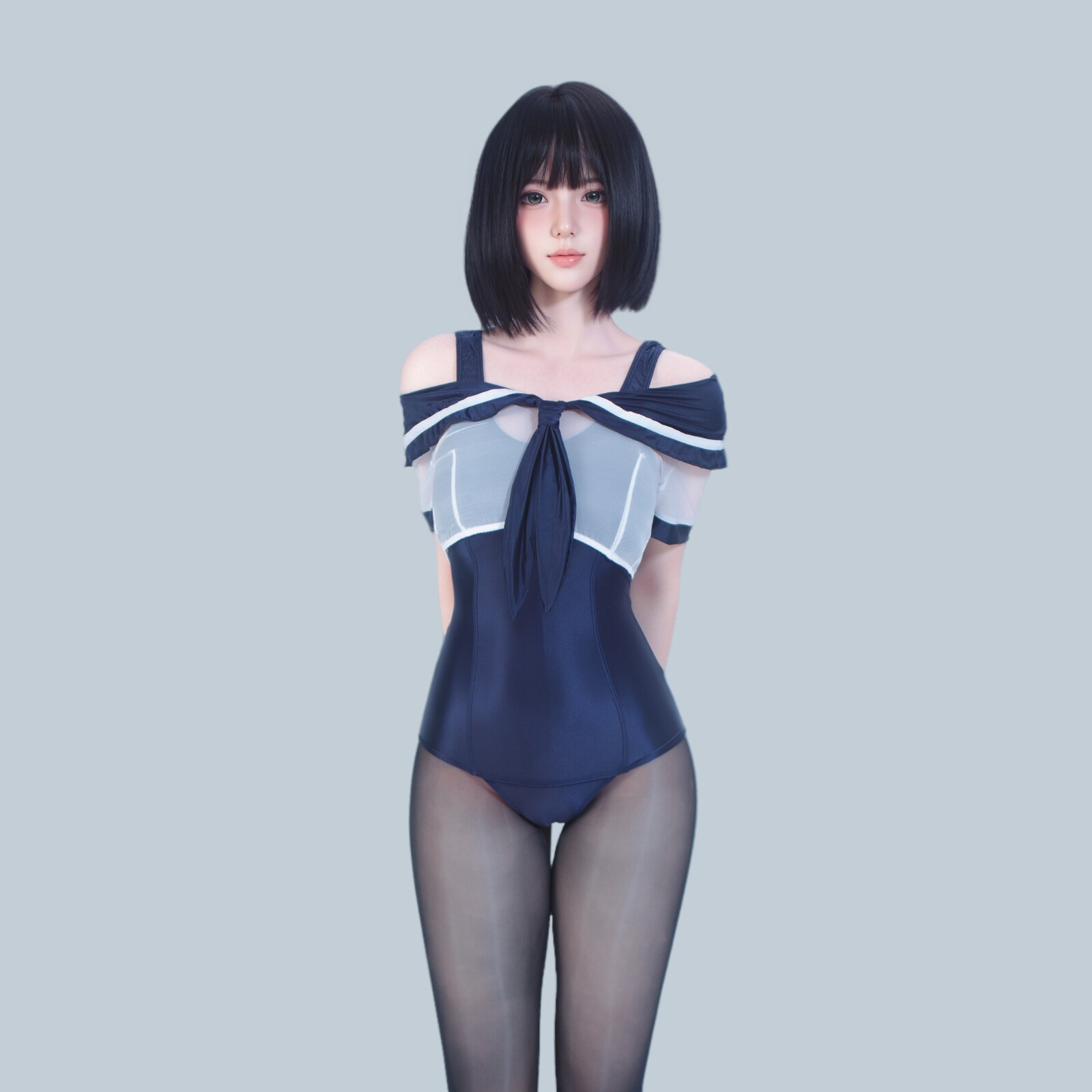 阿叔特皮 学院风水手制服连体衣女露肩领结塑身油亮连体衣泳衣