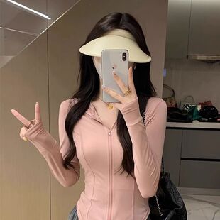 型外穿潮UPF50 纯色冰丝防晒衣女连帽运动防晒服修身 轻薄款 夏季