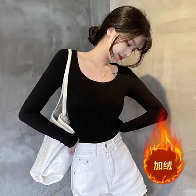 黑白色打底衫女秋冬季韩版修身长袖t恤内搭秋衣加绒大码纯色上衣
