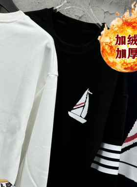 2025风格冬季加绒后背帆船图案四杠休闲圆领套头厚棉T男女休闲百