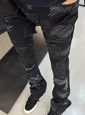 广州版本高品质新款纹理刺绣牛仔裤男女百搭修身弹力个性微喇长裤