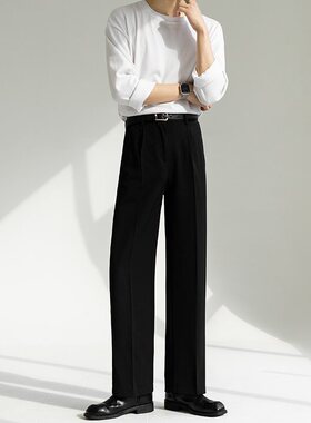 港风春夏垂感西裤男直筒免烫宽松长裤十分裤黑色阔腿拖地裤松紧腰